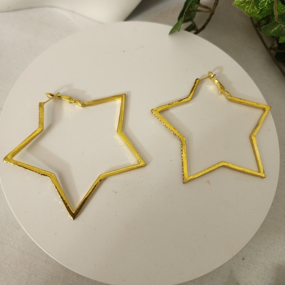 Gold Star Shape Hoop Earrings With Cubic Zirconia Stones